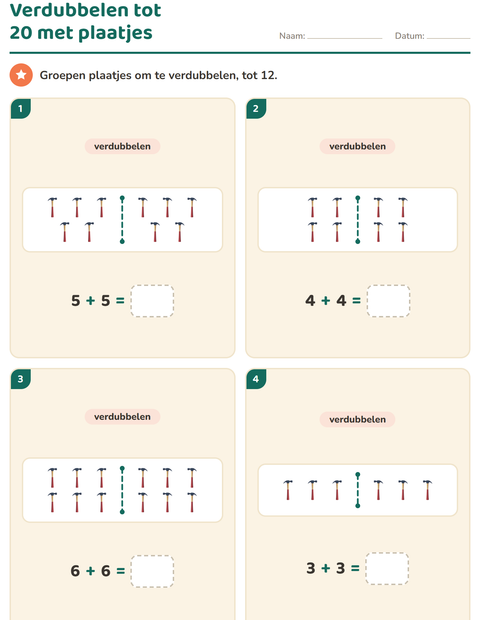 Voorbeeld van het Verdubbelen en halveren-werkblad met Gereedschap voor groep 3