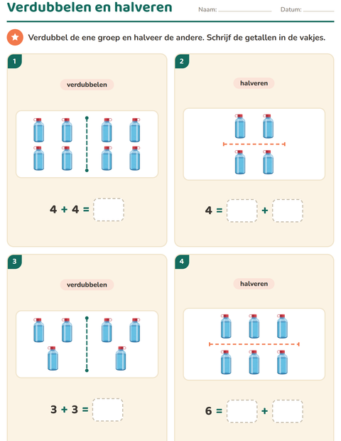 Voorbeeld van het Verdubbelen en halveren-werkblad met Kamperen voor groep 3