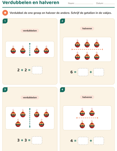 Voorbeeld van het Verdubbelen en halveren-werkblad met Kerstmis voor groep 3