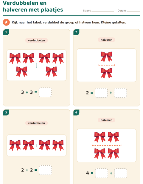 Voorbeeld van het Verdubbelen en halveren-werkblad met Pasen voor groep 3
