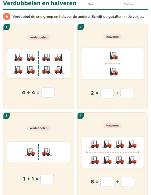 Voorbeeld van het Verdubbelen en halveren-werkblad met Voertuigen voor groep 3