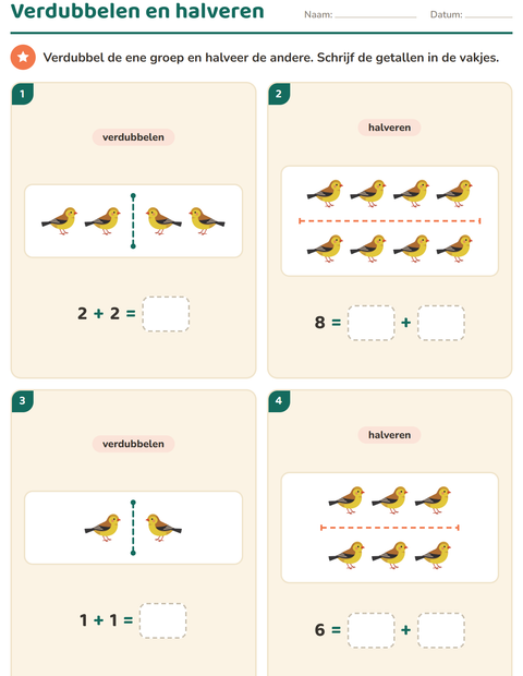 Voorbeeld van het Verdubbelen en halveren-werkblad met Vogels 2 voor groep 3
