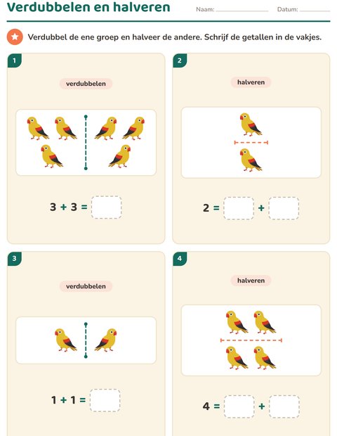 Voorbeeld van het Verdubbelen en halveren-werkblad met Vogels voor groep 3