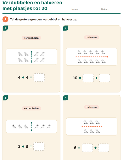 Voorbeeld van het Verdubbelen en halveren-werkblad met Vogels Z&W 2 voor groep 3