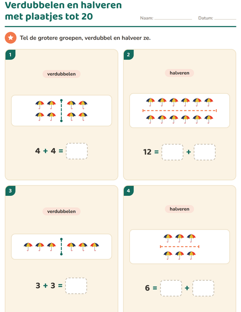 Voorbeeld van het Verdubbelen en halveren-werkblad met Weer voor groep 3