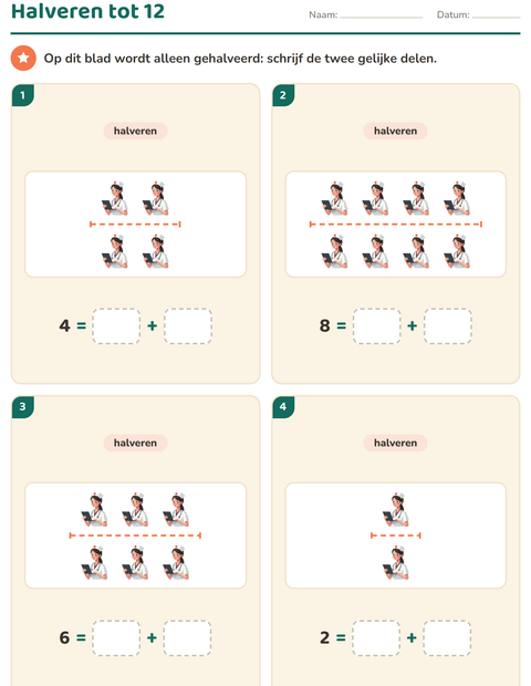 Voorbeeld van het Verdubbelen en halveren-werkblad met Ziekenhuis voor groep 3