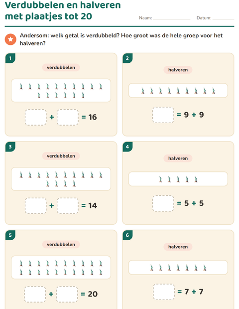 Voorbeeld van het Verdubbelen en halveren-werkblad met 4 juli voor groep 3