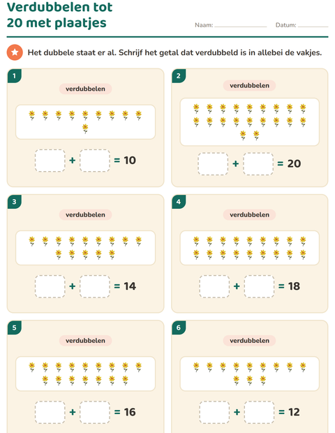 Voorbeeld van het Verdubbelen en halveren-werkblad met Bloemen voor groep 3