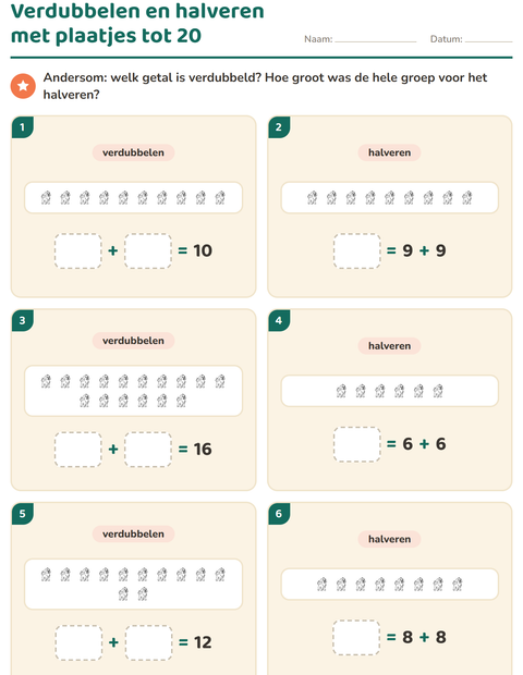 Voorbeeld van het Verdubbelen en halveren-werkblad met Dierentuindieren ZW voor groep 3