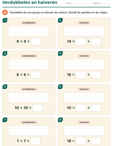 Voorbeeld van het Verdubbelen en halveren-werkblad met Emoties voor groep 3