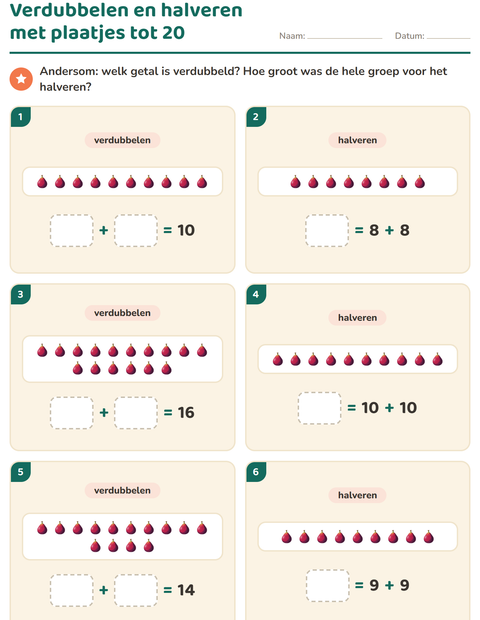 Voorbeeld van het Verdubbelen en halveren-werkblad met Fruit voor groep 3