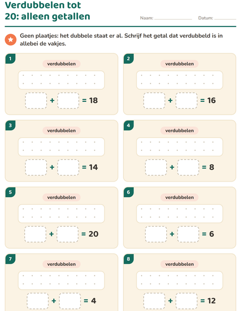Voorbeeld van het Verdubbelen en halveren-werkblad voor groep 3