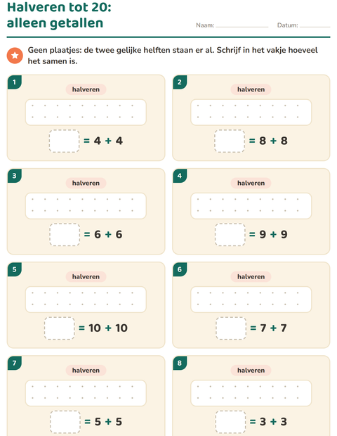 Voorbeeld van het Verdubbelen en halveren-werkblad voor groep 3