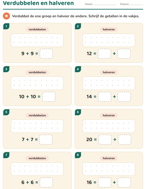 Voorbeeld van het Verdubbelen en halveren-werkblad met Klaslokaal 2 (Z/W) voor groep 3