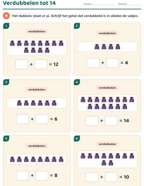 Voorbeeld van het Verdubbelen en halveren-werkblad met Kleding voor groep 3