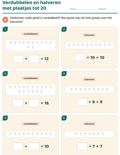 Voorbeeld van het Verdubbelen en halveren-werkblad met Reizen en Vakantie ZW voor groep 3
