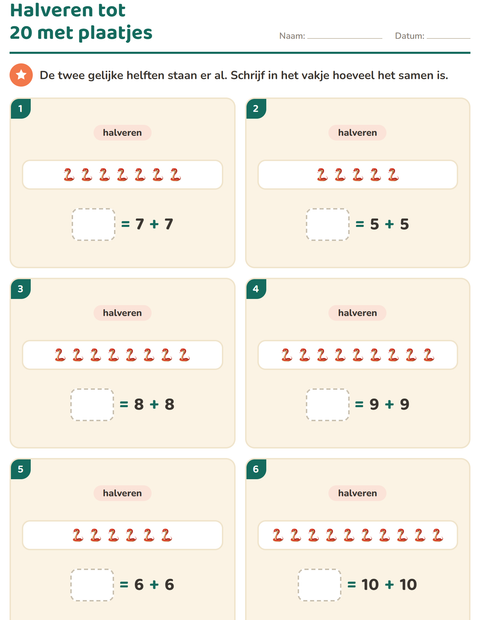 Voorbeeld van het Verdubbelen en halveren-werkblad met Reptielen en amfibieën voor groep 3