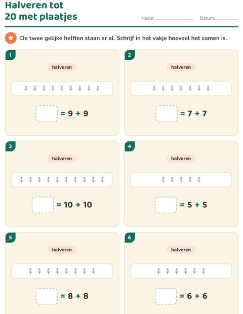 Voorbeeld van het Verdubbelen en halveren-werkblad met Ruimte ZW voor groep 3
