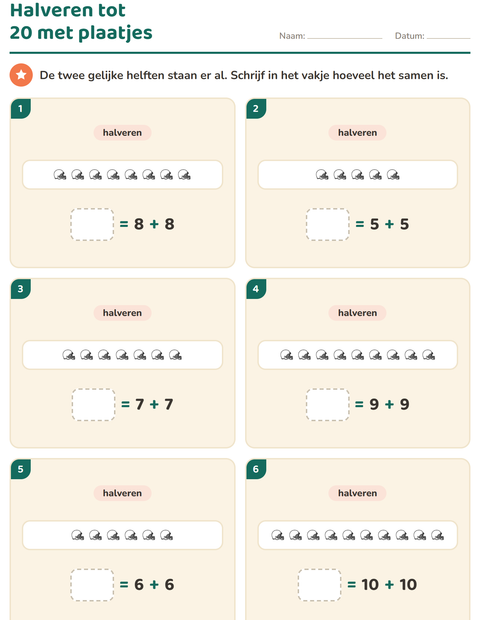 Voorbeeld van het Verdubbelen en halveren-werkblad met Sport ZW 2 voor groep 3