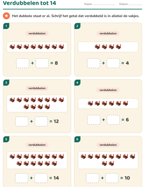 Voorbeeld van het Verdubbelen en halveren-werkblad met Thanksgiving voor groep 3