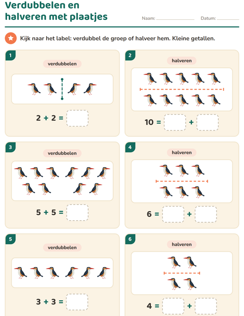 Voorbeeld van het Verdubbelen en halveren-werkblad met Vogels 2 voor groep 3