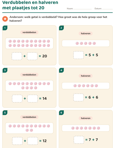 Voorbeeld van het Verdubbelen en halveren-werkblad met Vormen voor groep 3