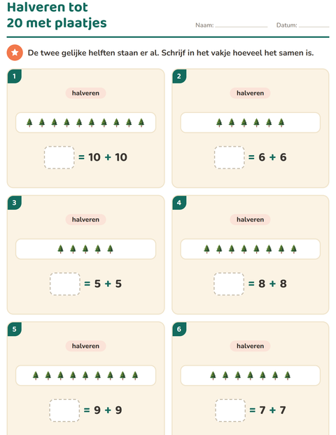 Voorbeeld van het Verdubbelen en halveren-werkblad met Winter voor groep 3
