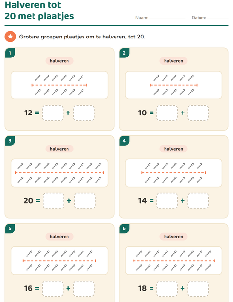 Voorbeeld van het Verdubbelen en halveren-werkblad met Objecten ZW voor groep 3
