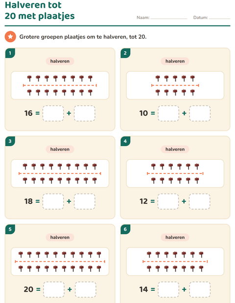 Voorbeeld van het Verdubbelen en halveren-werkblad met Postkantoor voor groep 3
