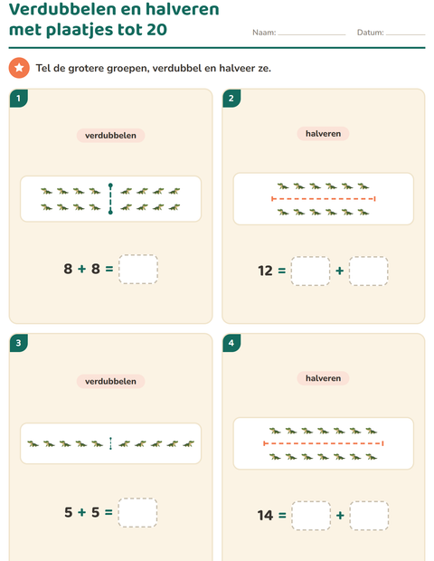 Voorbeeld van het Verdubbelen en halveren-werkblad met Reptielen en amfibieën voor groep 3