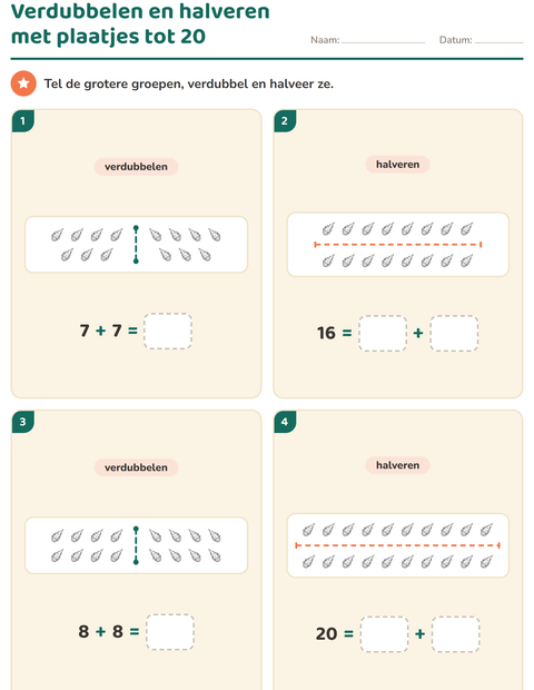 Voorbeeld van het Verdubbelen en halveren-werkblad met Ruimte ZW voor groep 3