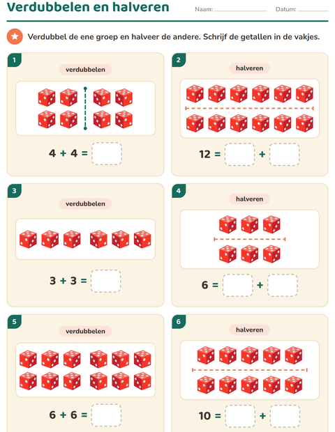 Voorbeeld van het Verdubbelen en halveren-werkblad met Speelgoed voor groep 3