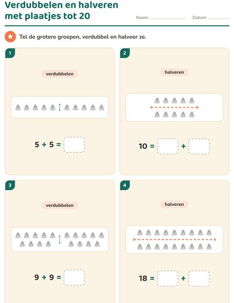 Voorbeeld van het Verdubbelen en halveren-werkblad met Valentijnsdag ZW voor groep 3