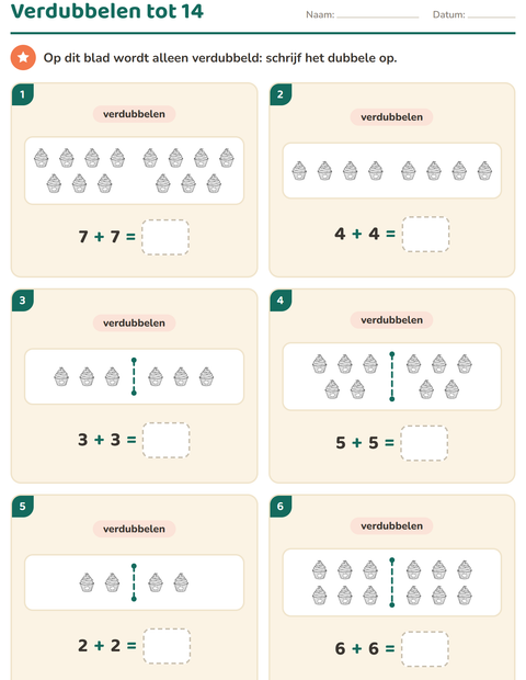 Voorbeeld van het Verdubbelen en halveren-werkblad met Voedsel ZW voor groep 3