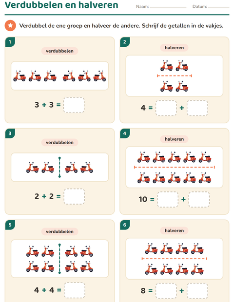 Voorbeeld van het Verdubbelen en halveren-werkblad met Voertuigen voor groep 3