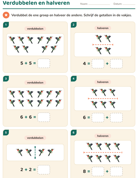 Voorbeeld van het Verdubbelen en halveren-werkblad met Vogels 2 voor groep 3