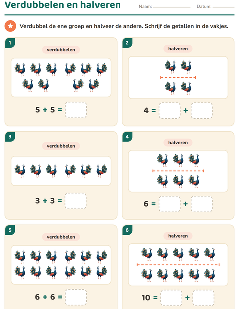 Voorbeeld van het Verdubbelen en halveren-werkblad met Vogels voor groep 3