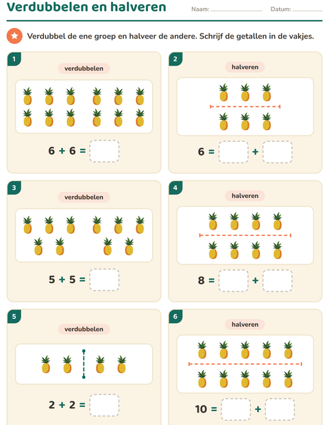Voorbeeld van het Verdubbelen en halveren-werkblad met Zomer voor groep 3
