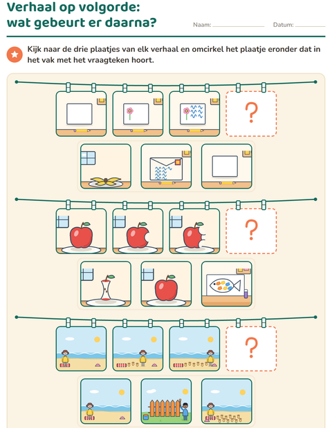 Voorbeeld van het Verhaal op volgorde-werkblad voor groep 3