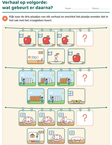 Voorbeeld van het Verhaal op volgorde-werkblad voor groep 3