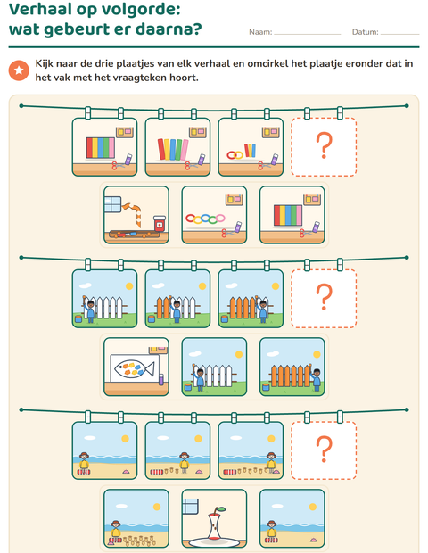Voorbeeld van het Verhaal op volgorde-werkblad voor groep 3