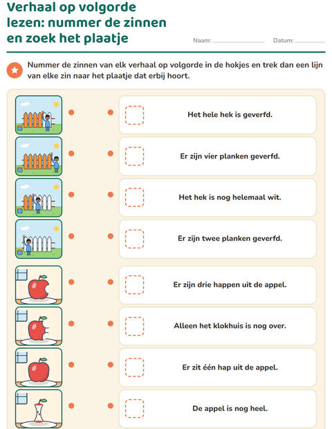 Voorbeeld van het Verhaal op volgorde-werkblad voor groep 3