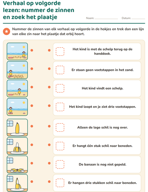 Voorbeeld van het Verhaal op volgorde-werkblad voor groep 3