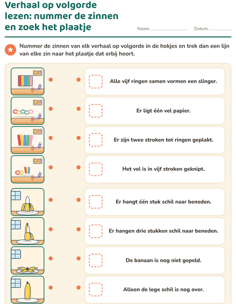 Verhaal op volgorde lezen: nummer de zinnen en zoek het plaatje