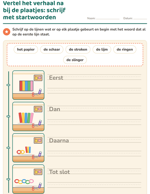 Voorbeeld van het Verhaal op volgorde-werkblad voor groep 4