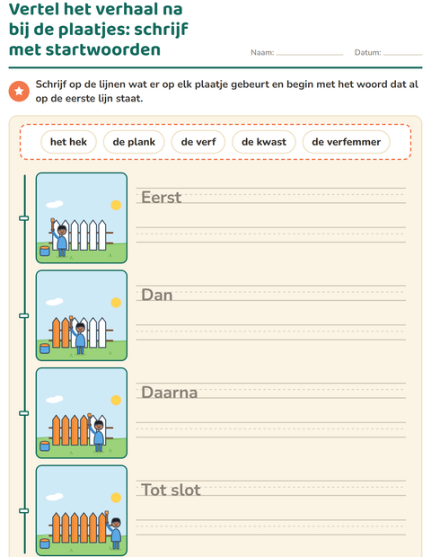 Voorbeeld van Vertel het verhaal na bij de plaatjes: schrijf met startwoorden