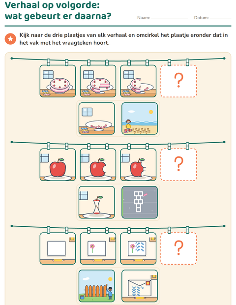 Voorbeeld van het Verhaal op volgorde-werkblad voor groep 3