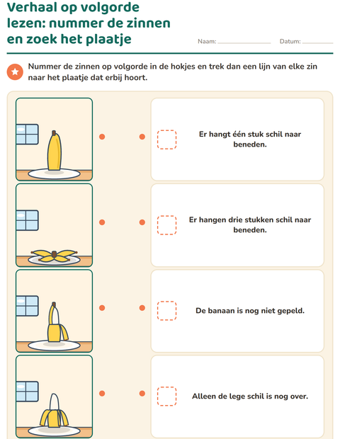 Voorbeeld van het Verhaal op volgorde-werkblad voor groep 3