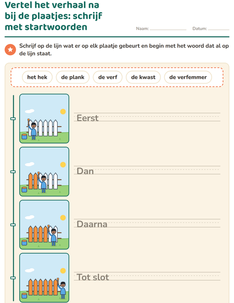 Voorbeeld van het Verhaal op volgorde-werkblad voor groep 4
