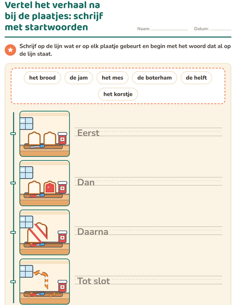 Voorbeeld van het Verhaal op volgorde-werkblad voor groep 4